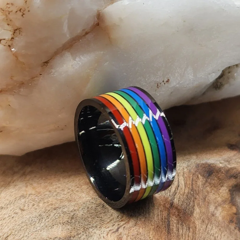 Black Rhodium Rainbow Hand Enameled Designer Ring Unisex Jewelry